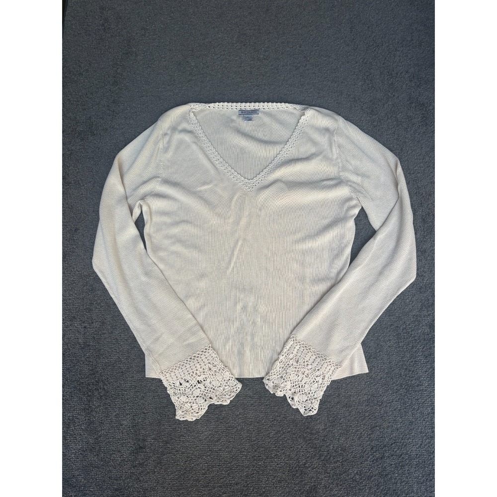 Baldanza Sweater Women's XL Silk Ivory Stretch V-Neck Lace Long Sleeve‎ Pullover
